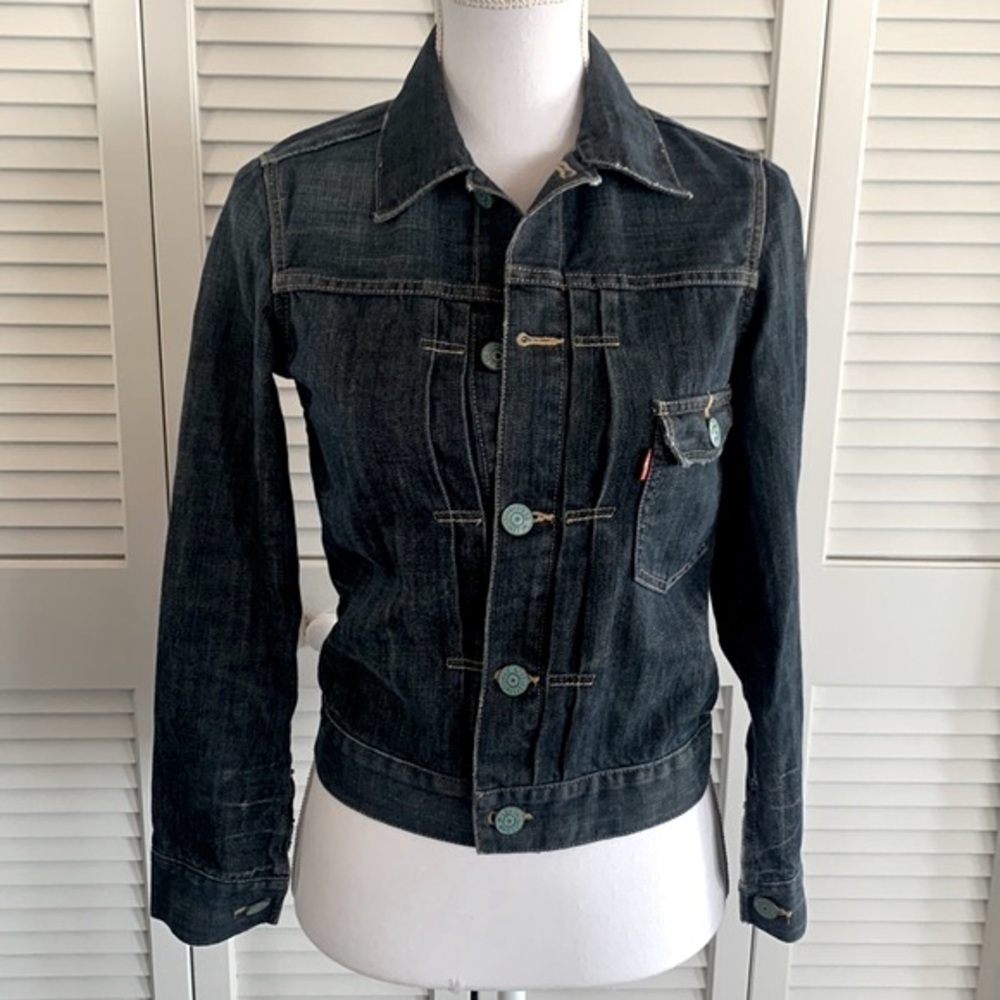 Levi’s Redloop Indigo Wash Jean Jacket Pleated Front Aqua Washed Buttons Size M